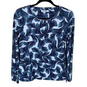 *2/$30* Chico's White Blue Leaf Print 3/4 A-Line Sleeve Gathered Neck Knit Top S